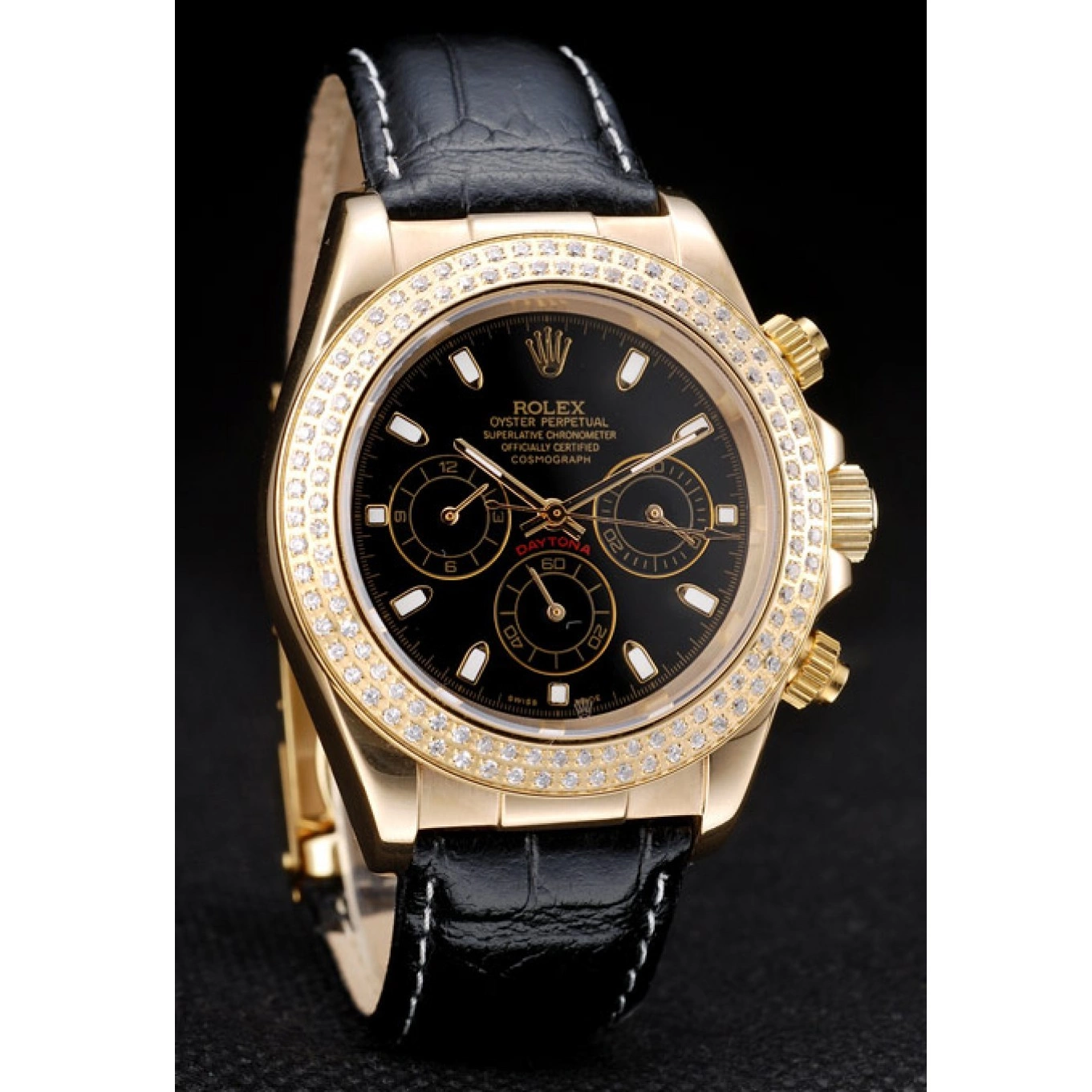 Aaa replica watch Crystal Daytona Dial Rolex Case Black Bezel Studded Gold 0707